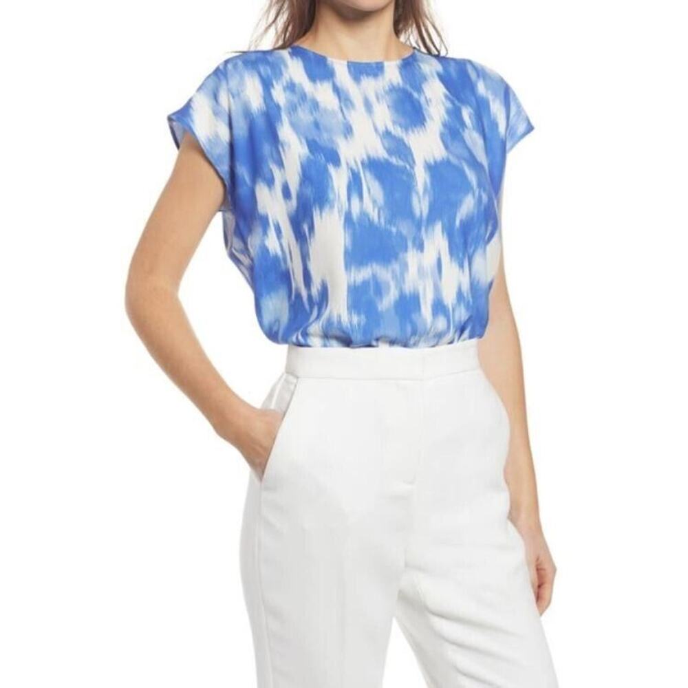 Halogen Women's Cap Sleeve Blouse In Blue Ivory Brush 2X MSRP $49